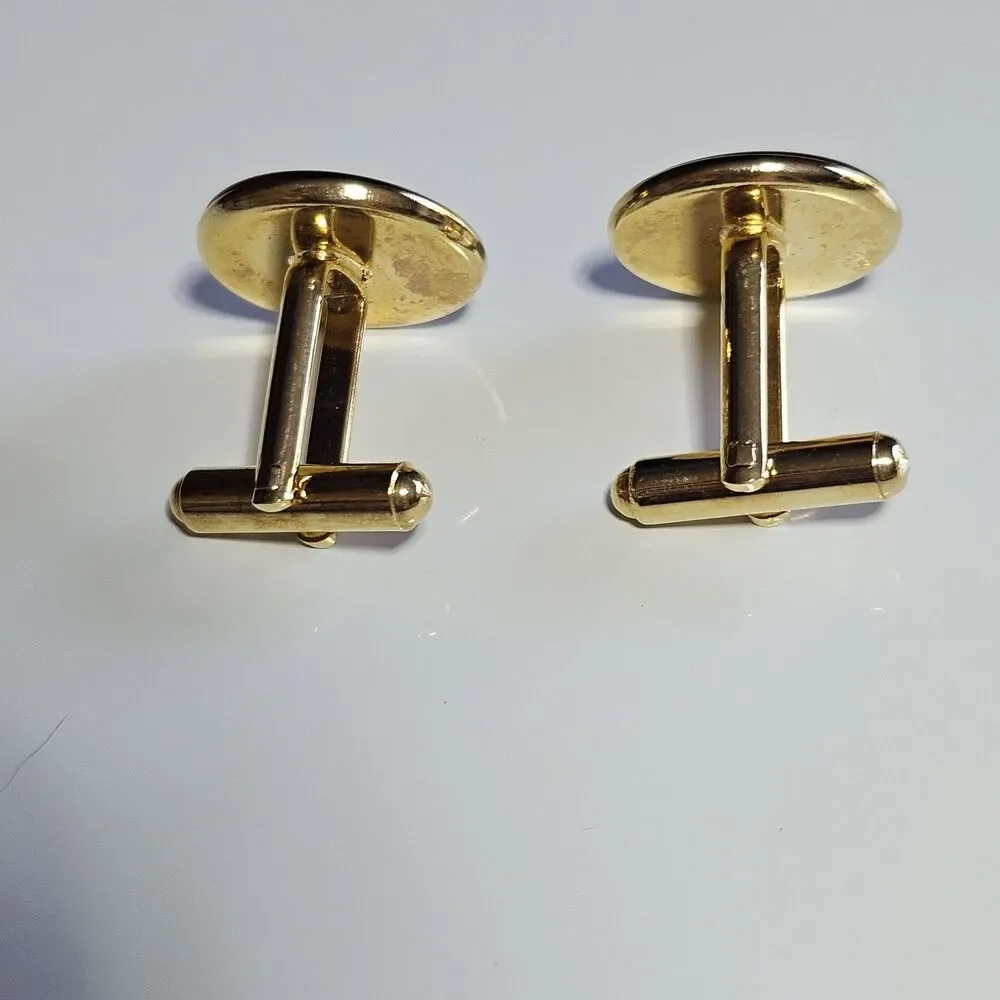 Black Enamel Gold Tone Cufflinks Mens Round Button Lightweight 3/4 Inch Vintage